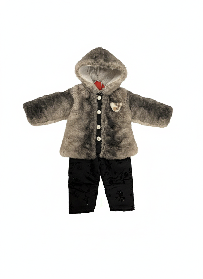 Baby Winter Dress – Soft Grey & Black Fur Set